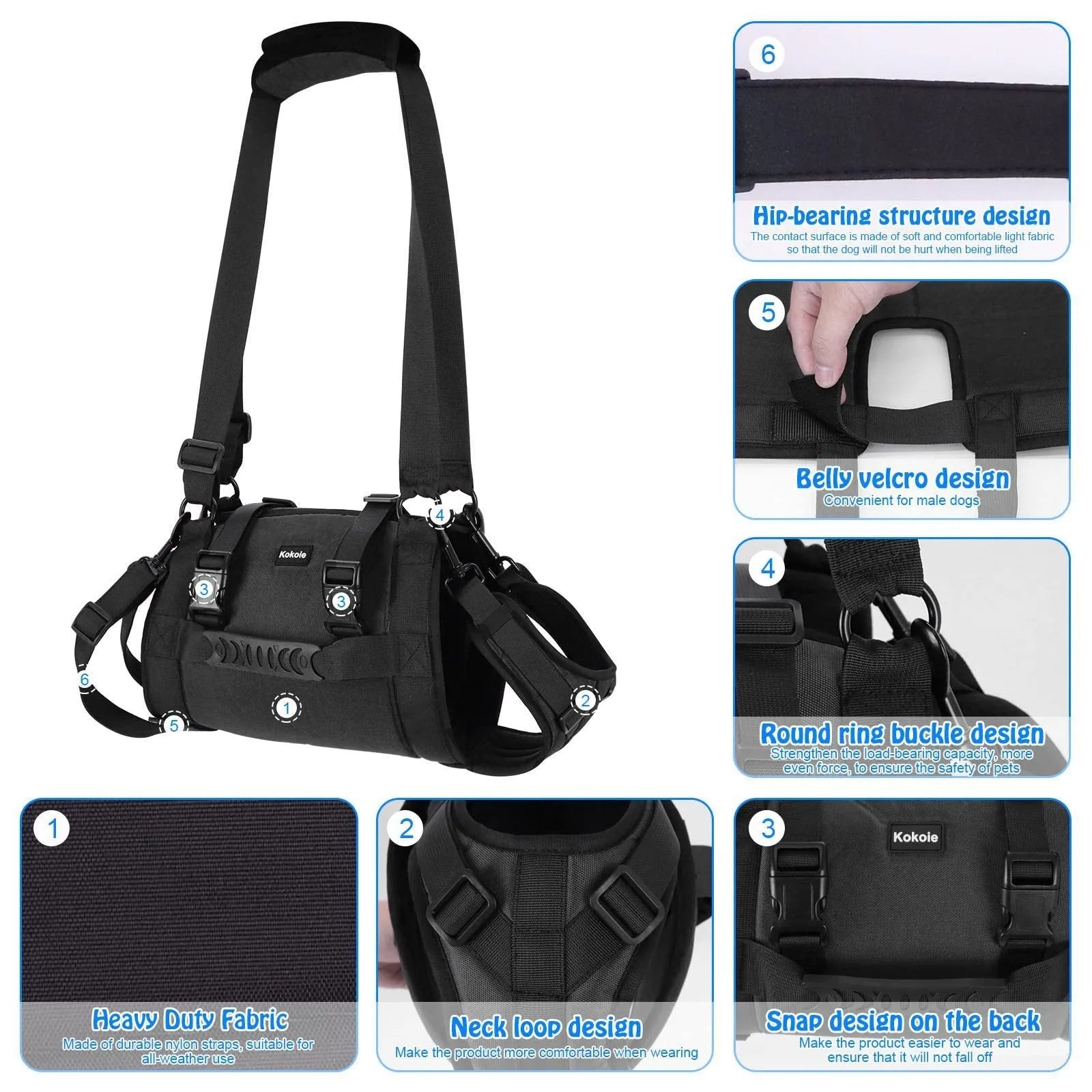 Black Oxford cloth dog rehabilitation harness with breast strap design for leg support