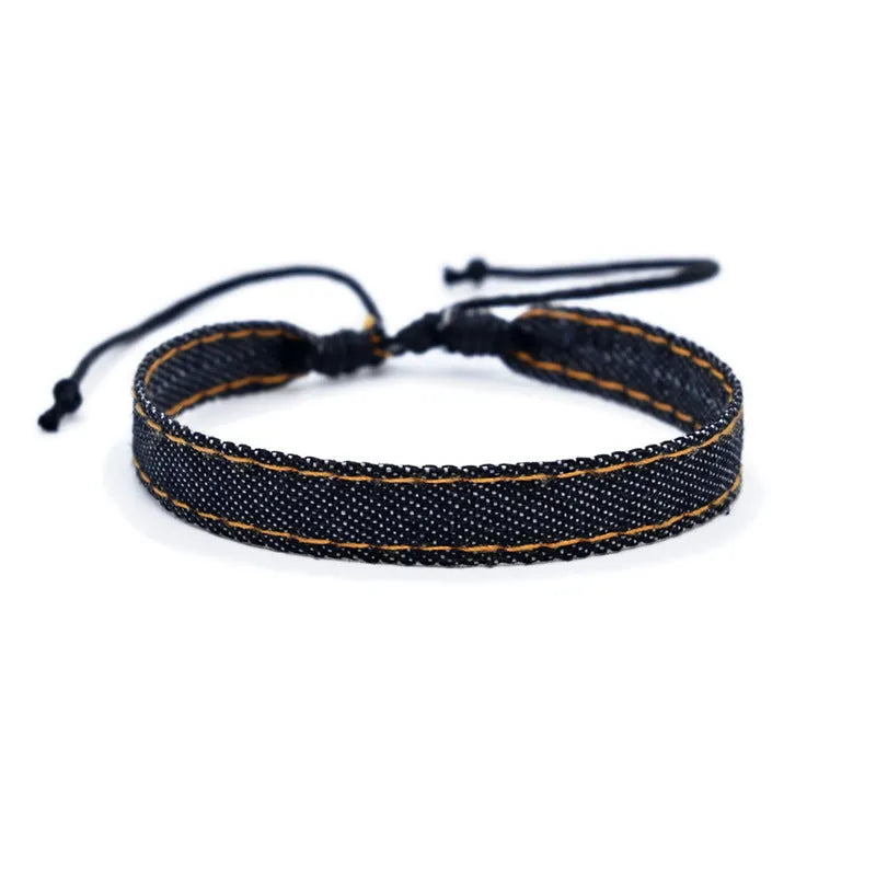 National style denim fabric bracelet carrying strap with mixed material construction
