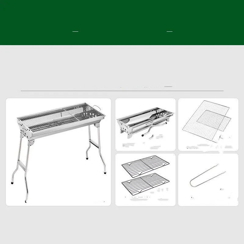 Stainless steel portable folding barbecue oven for outdoor group cooking.