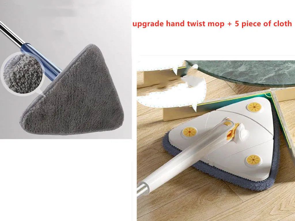 Blue and white extendable triangle cleaning mop with a rotating head on a long stainless steel pole.