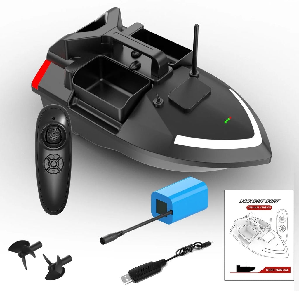 V020 GPS remote control fishing boat in luminous yellow on water, showing remote control unit and carry bag.