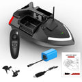 V020 GPS remote control fishing boat in luminous yellow on water, showing remote control unit and carry bag.