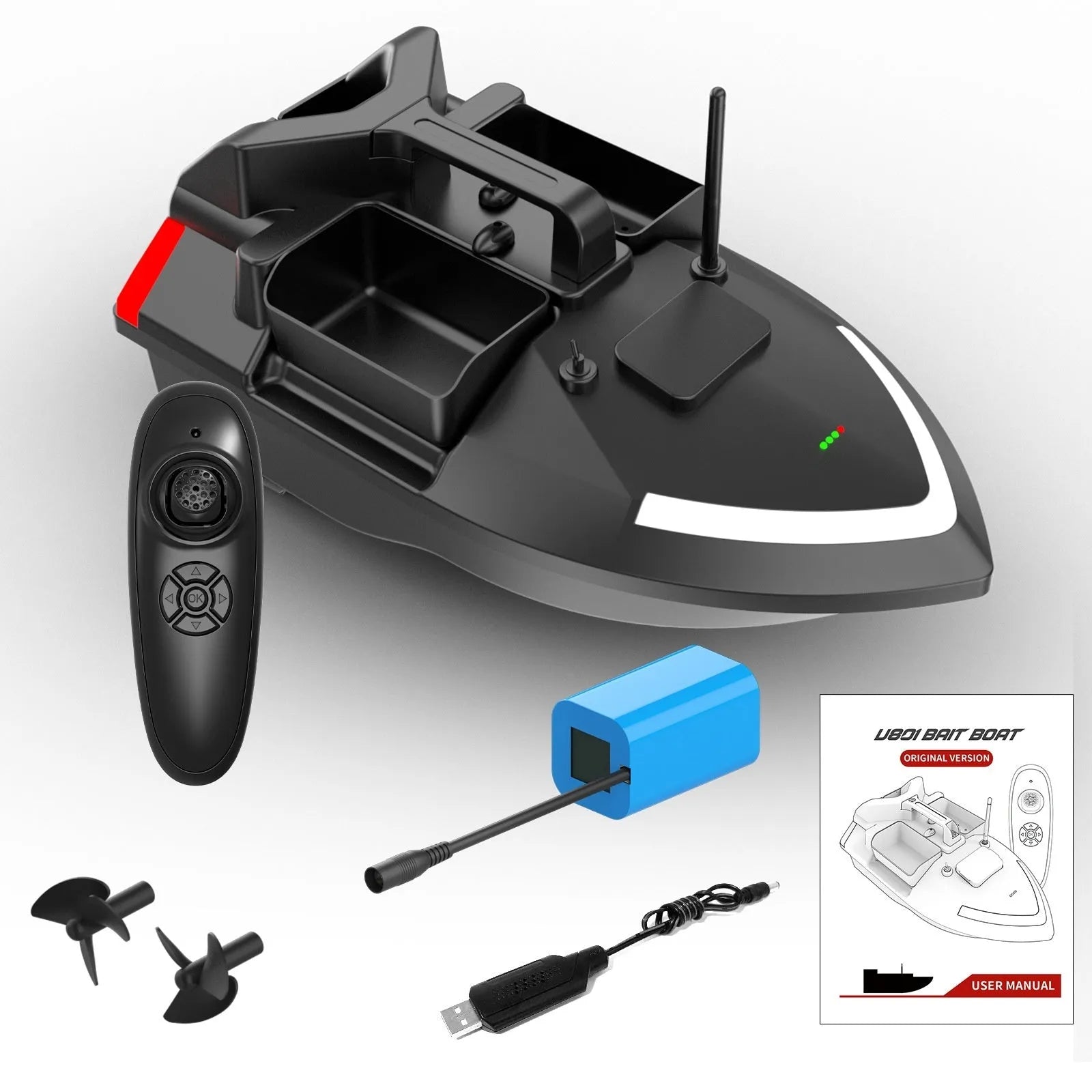 V020 GPS remote control fishing boat in luminous yellow on water, showing remote control unit and carry bag.