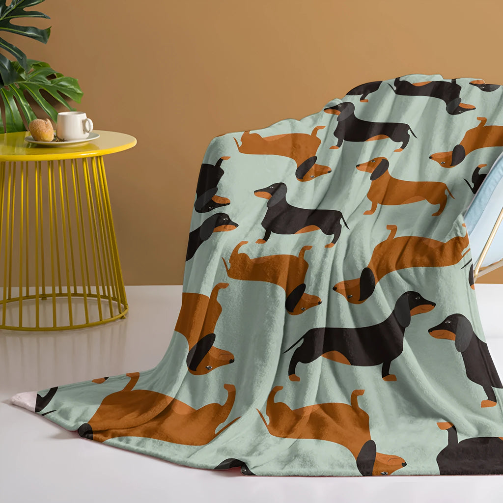 Flannel sausage printed blanket with cute pet theme in green, 75x100cm throw size