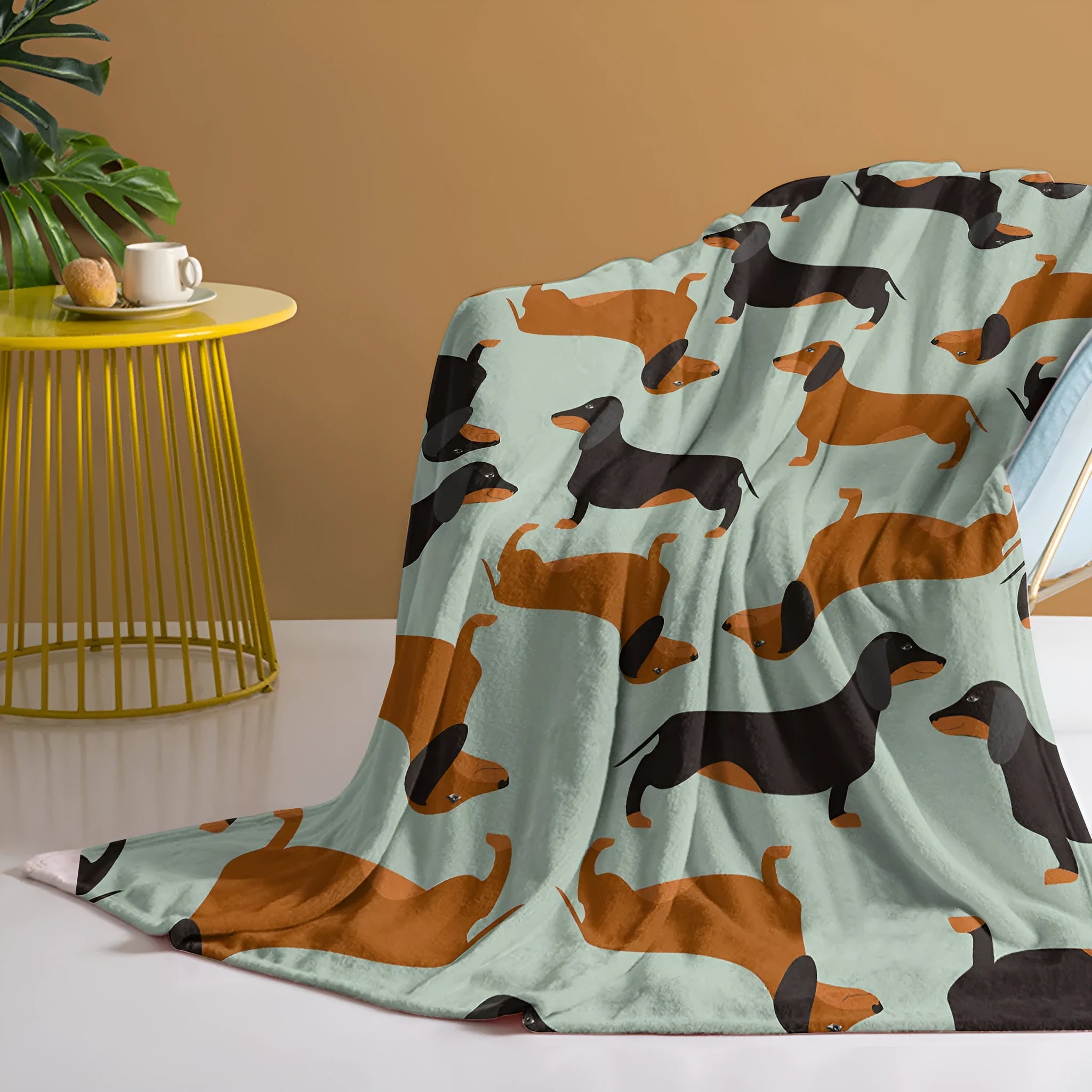 Flannel sausage printed blanket with cute pet theme in green, 75x100cm throw size