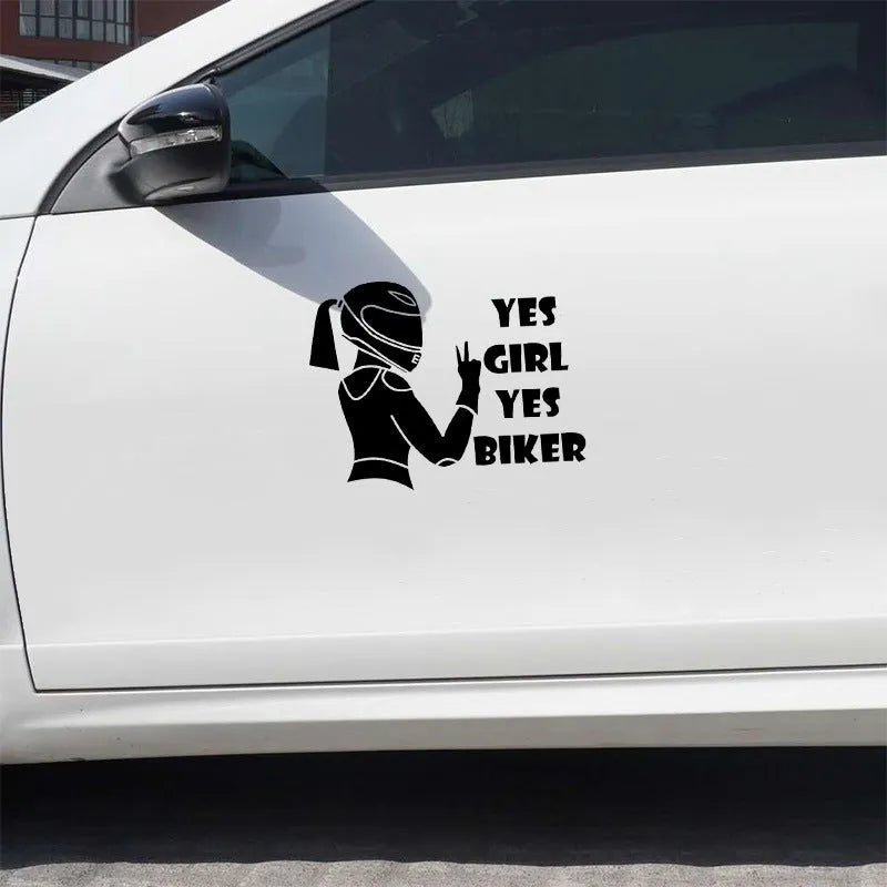 Cool girl rider character car sticker in waterproof PET material, 16cm by 15cm