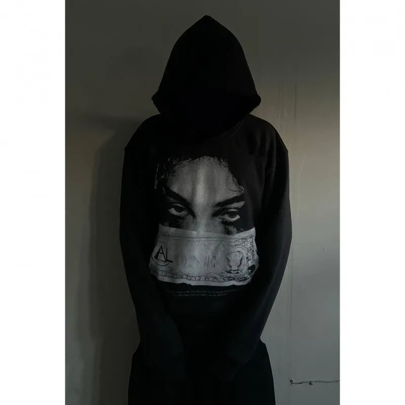 Black women's hoodie with cartoon print design in loose fit polyester fabric
