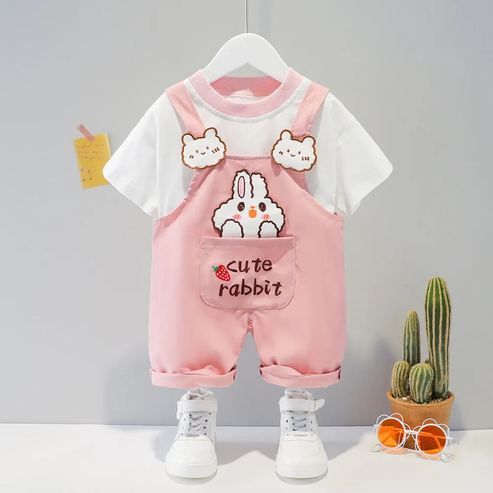 Cotton baby overalls with cartoon patterns in yellow, pink, and khaki colours