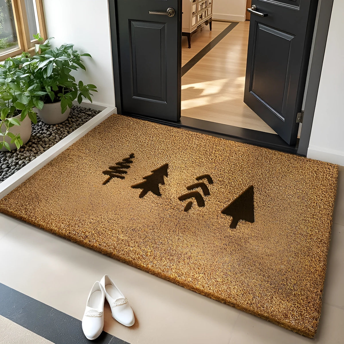 Coconut palm doormat with geometric pattern in Quiet Forest colour, 40x60cm or 45x75cm square dust removal mat