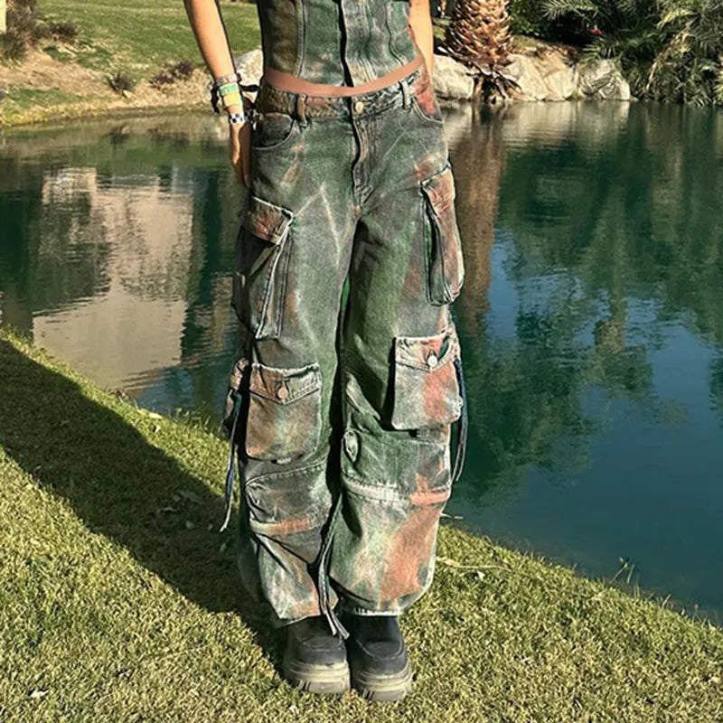 Retro gradient colour cargo denim trousers with multiple pockets and loose fit street style