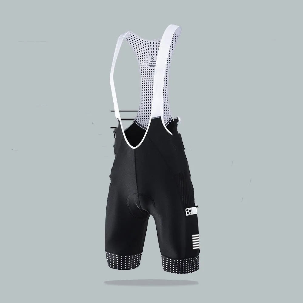 Men's black suspender shorts for road cycling, made from moisture-wicking polyester fabric.