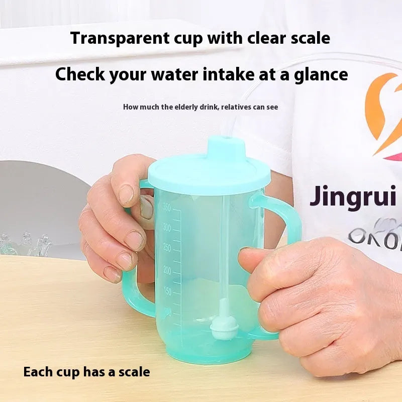 Oblique mouth choke-proof plastic drinking cup with handle and lid for elderly and pregnant adults.