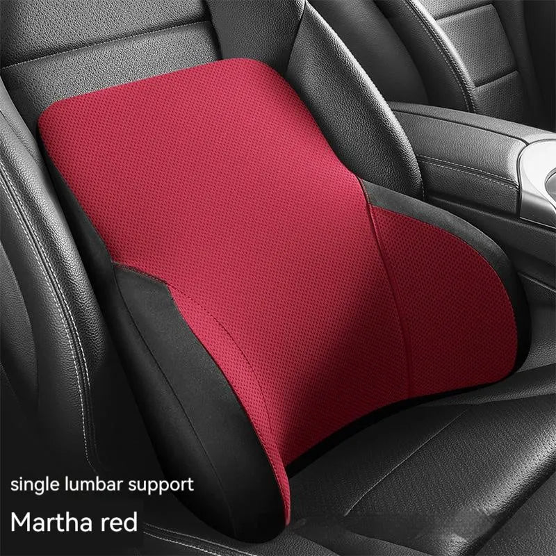 Memory foam and latex car lumbar support pillow and matching headrest with knitted fabric cover.