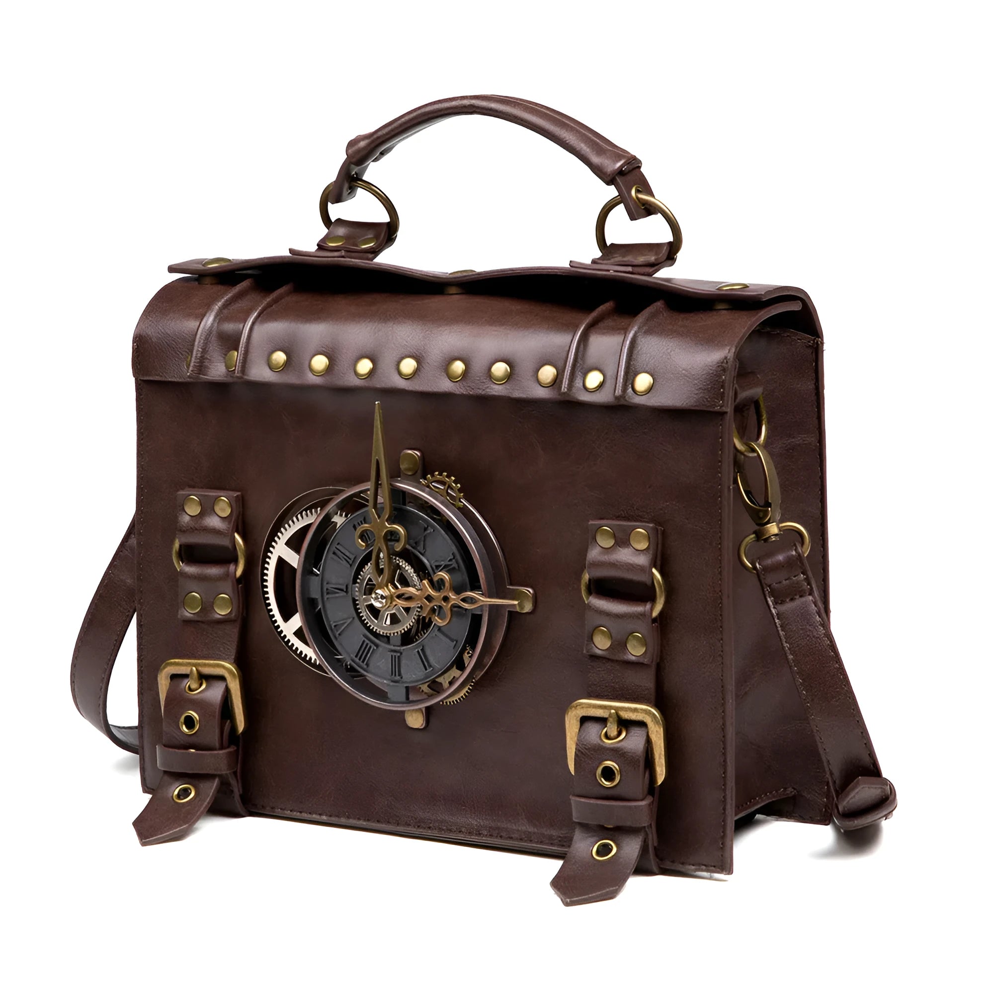 Bronze steampunk shoulder bag with metal hardware and horizontal square pillow design