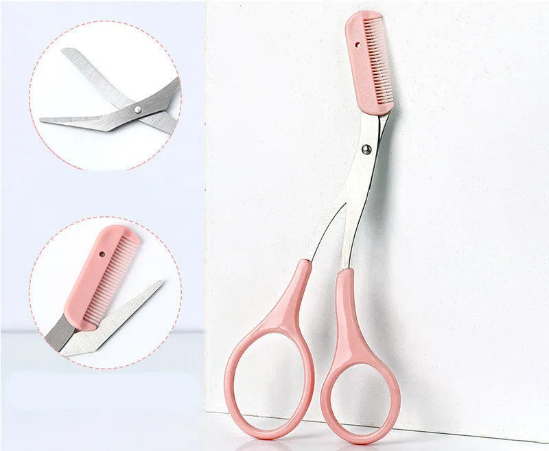 Curved moon eyebrow trimming knife with comb in white, pink, or green colours