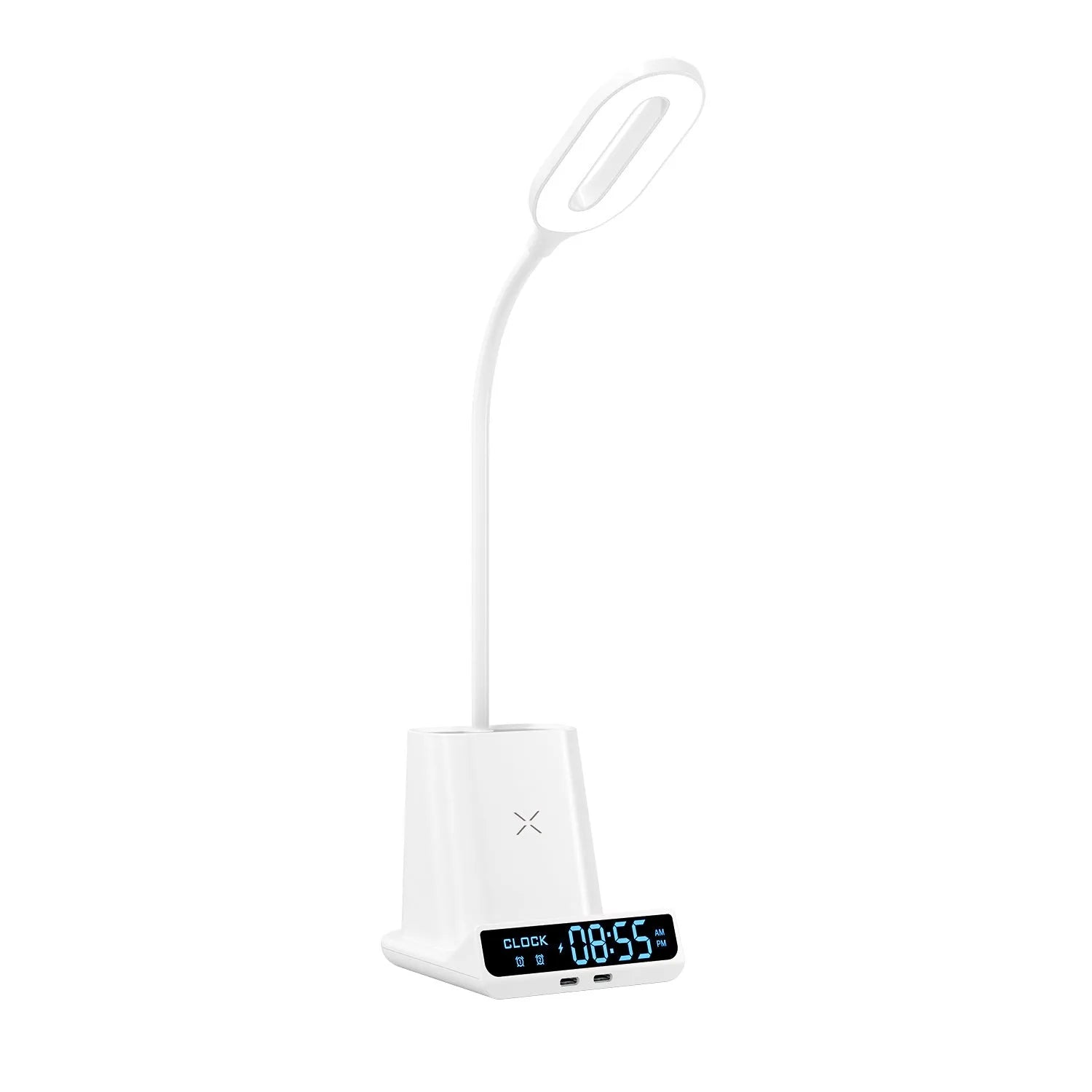 Modern minimalist desk lamp with wireless charging pad and integrated pen holder storage box.