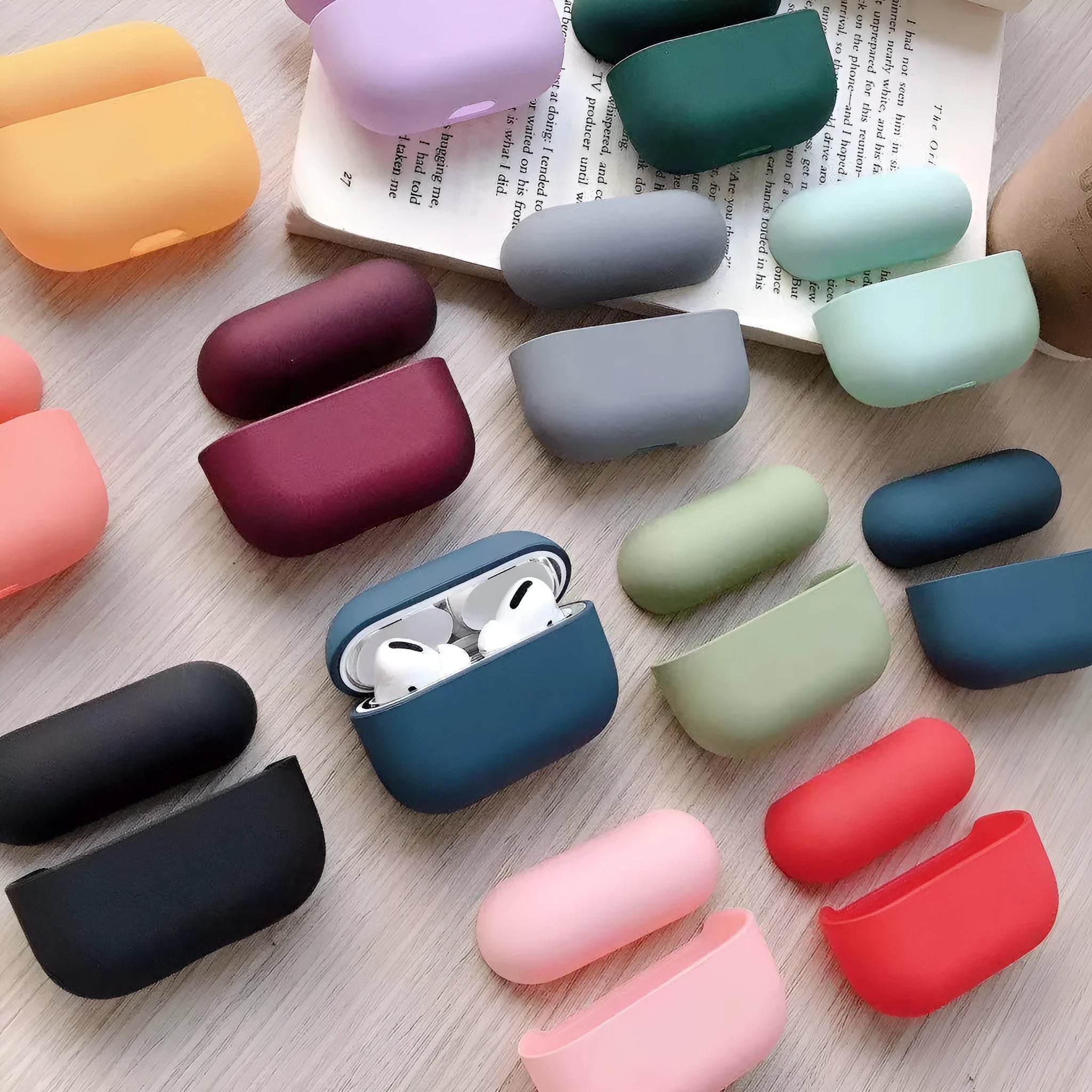 Plastic protective case for AirPods Pro earbuds shown in a selection of colours.