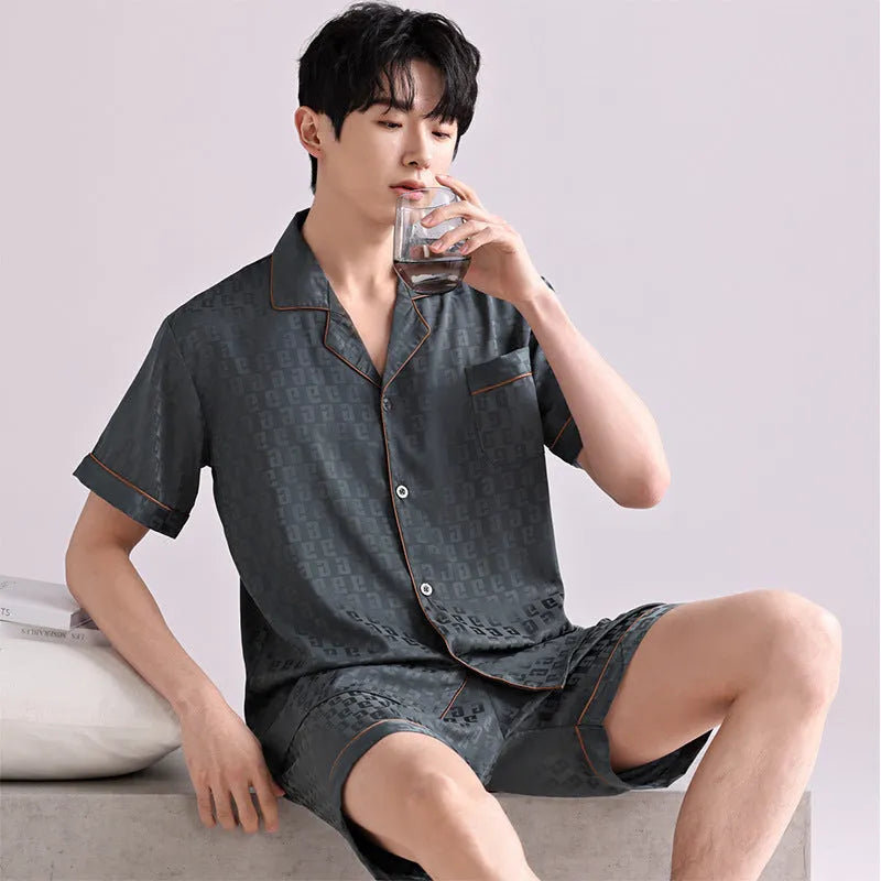 Men's artificial silk cardigan pajama set in satin jacquard plaid pattern with shorts