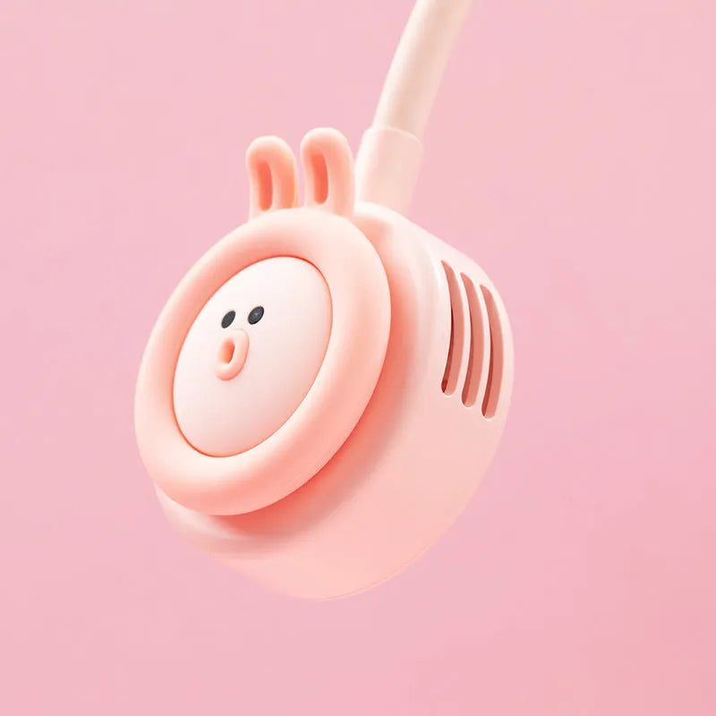 Pink and blue folding hanging neck fan showing leafeas design and USB charging port