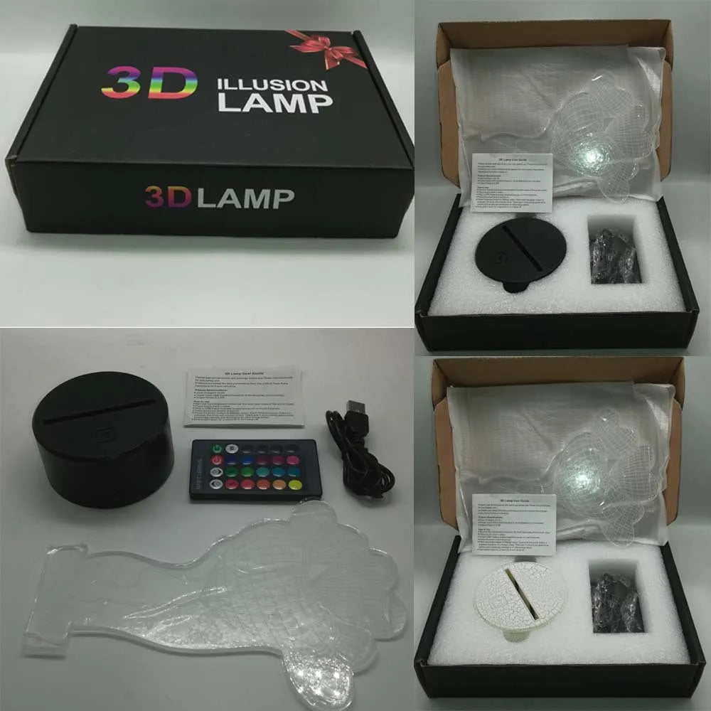 3D rose flower design night light showing colour-changing LEDs on acrylic panel with black ABS base.