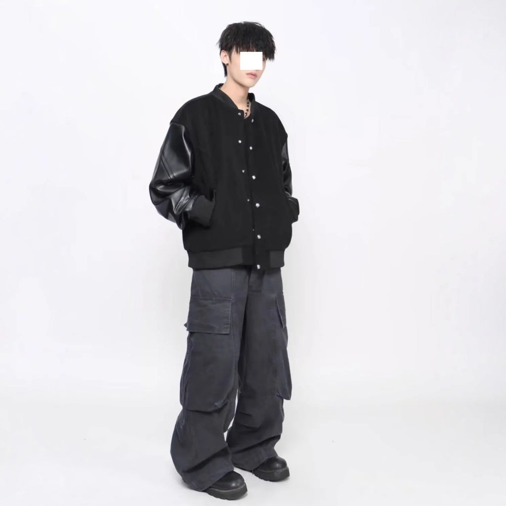 New Simple Harajuku Trendy Lazy Leather Coat in black with loose fit and side pockets