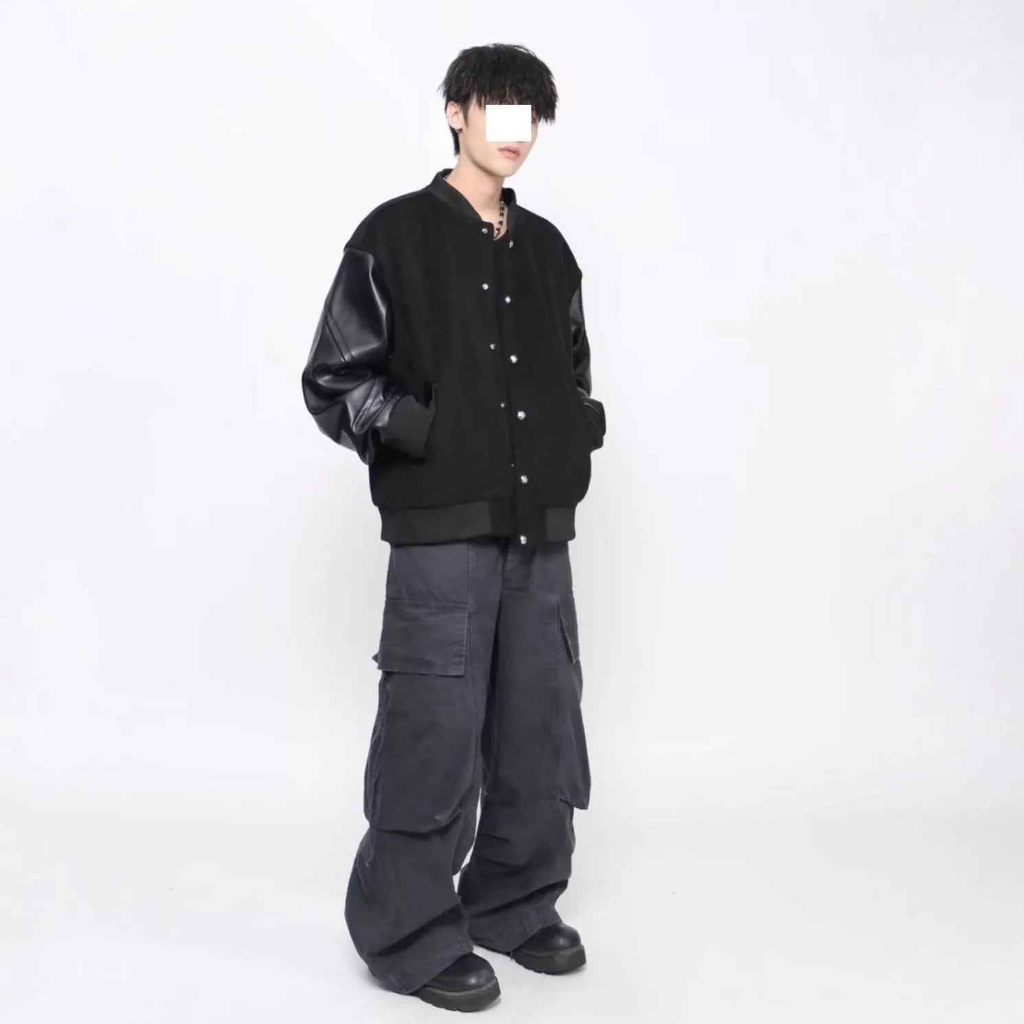 New Simple Harajuku Trendy Lazy Leather Coat in black with loose fit and side pockets