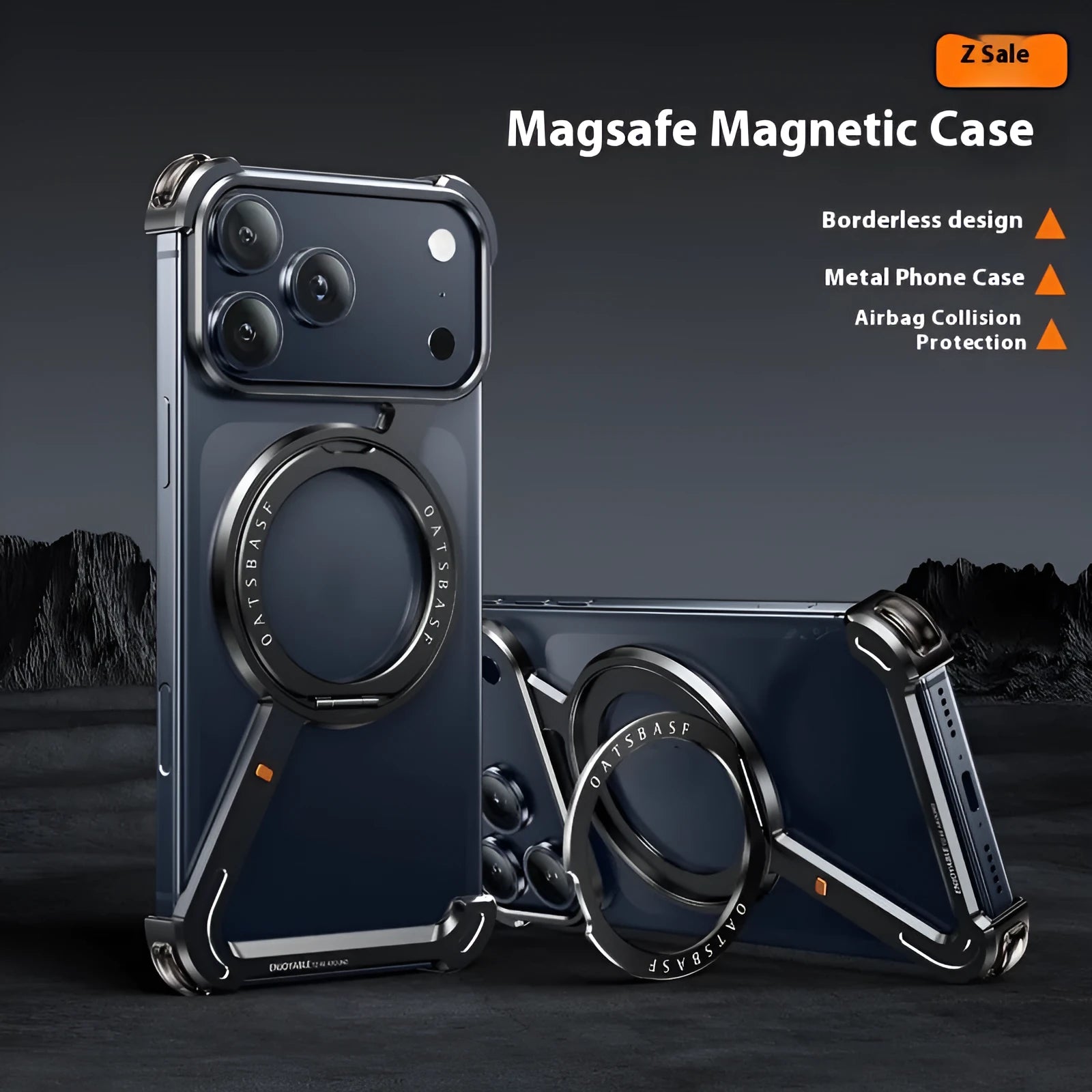 Black electroplated metal iPhone 17 Pro Max case showing integrated magnetic bracket on back