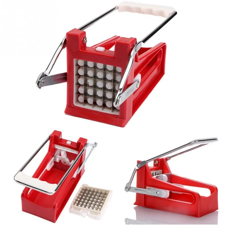 Potato chopper gadget with two stainless steel blades and a non-slip rubber foot on the base.