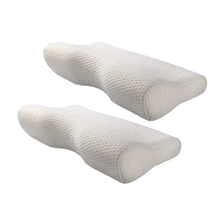 Blue butterfly-shaped cervical memory foam pillow showing contour design for neck support
