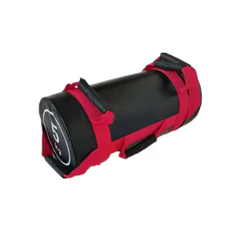 Flat white leather PVC fitness training sandbag with variable weight options from 5KG to 30KG.