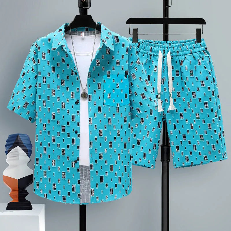 Men's casual sports shorts two-piece set in polyester, showing short sleeve top and matching shorts.