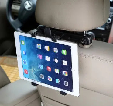Black universal rotating tablet holder mounted on a car headrest, showing adjustable bracket.