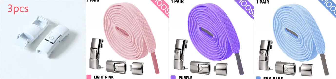Set of press lock elastic no-tie shoelaces in 8mm widened flat design on a white background.