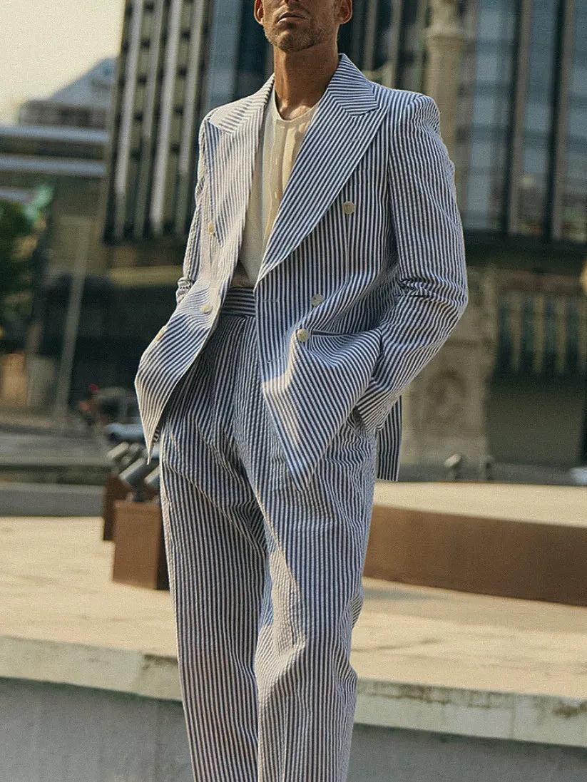 Blue and white striped men's polyester suit set with blazer and trousers