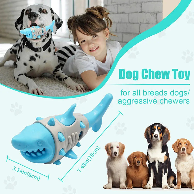 Blue textured dog chew toy shaped with ridges mimicking shark teeth for dental cleaning