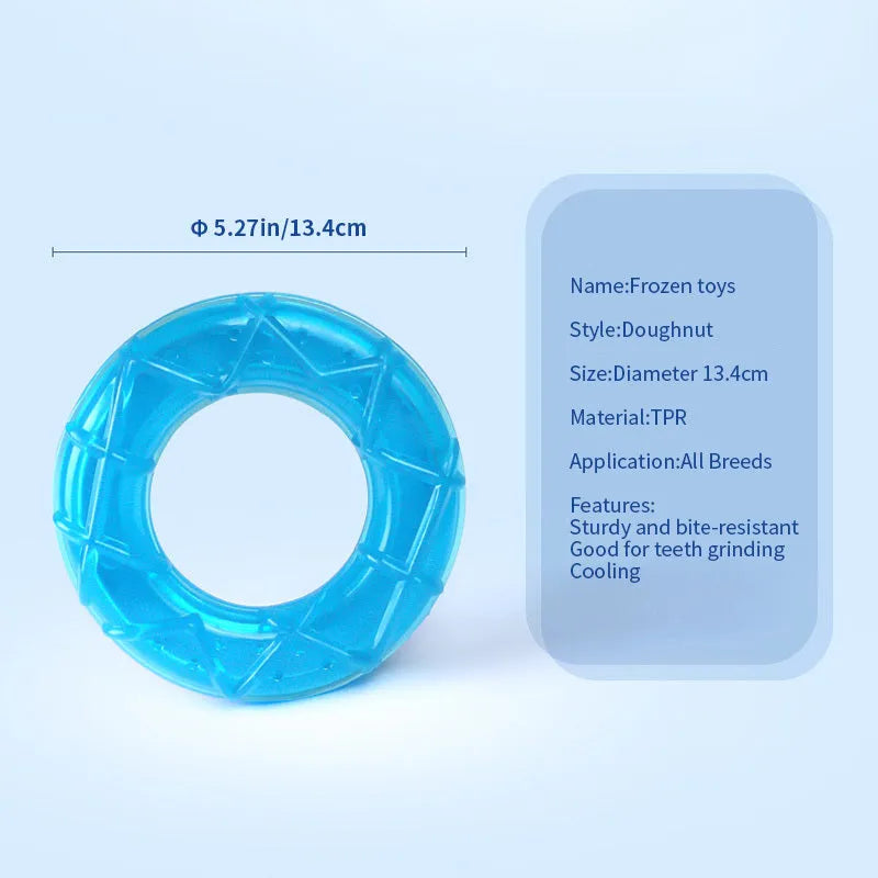 Set of three water-filled dog cooling toys in pacifier, popsicle and ring shapes