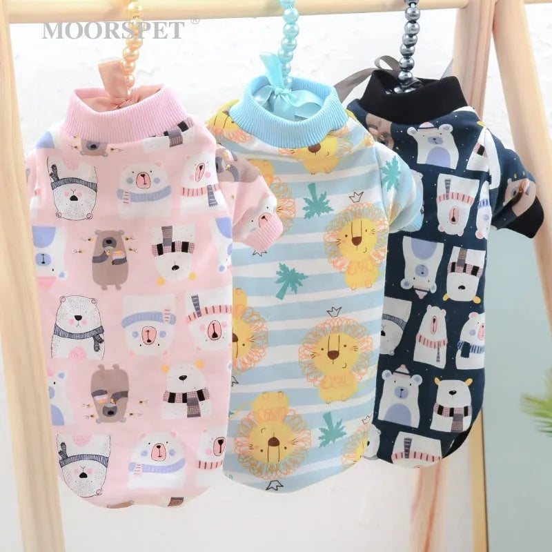 Hairless cat wearing cotton belly protector in lion pattern, two-legged style, size M