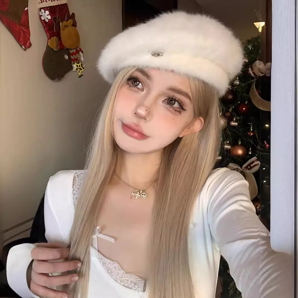 Full hair type women's long straight gray gold wig in milk tea blonde with hairnet on a mannequin