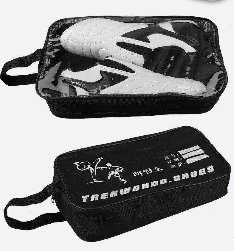 Black and white children's martial arts shoes with soft-bottom design for Sanda and taekwondo training