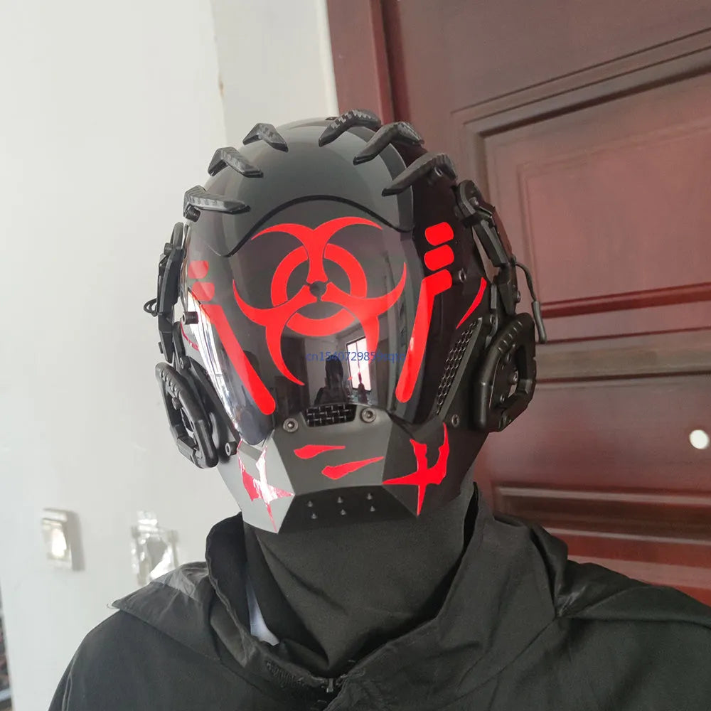 Black tech-style full face prop helmet mask for cosplay and events.