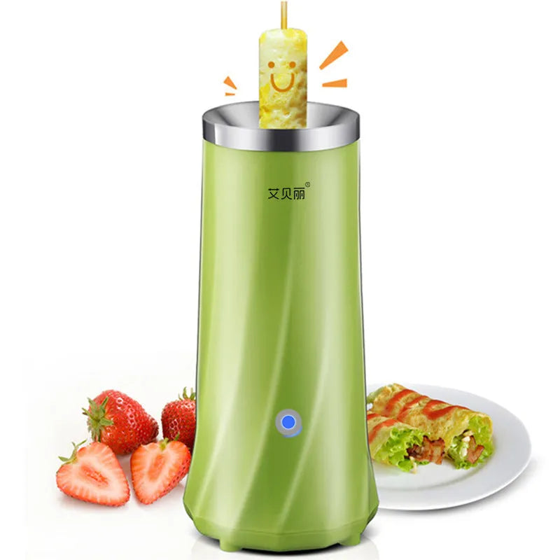 Beige white and green compact automatic mini breakfast machine on a kitchen counter.