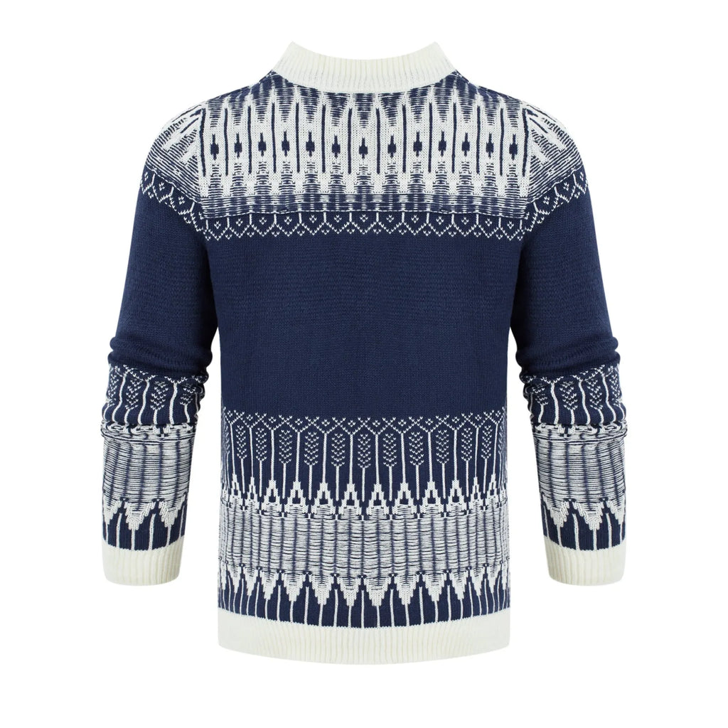 Men's knitted long-sleeved pullover sweater on a hanger, available in multiple sizes and styles.