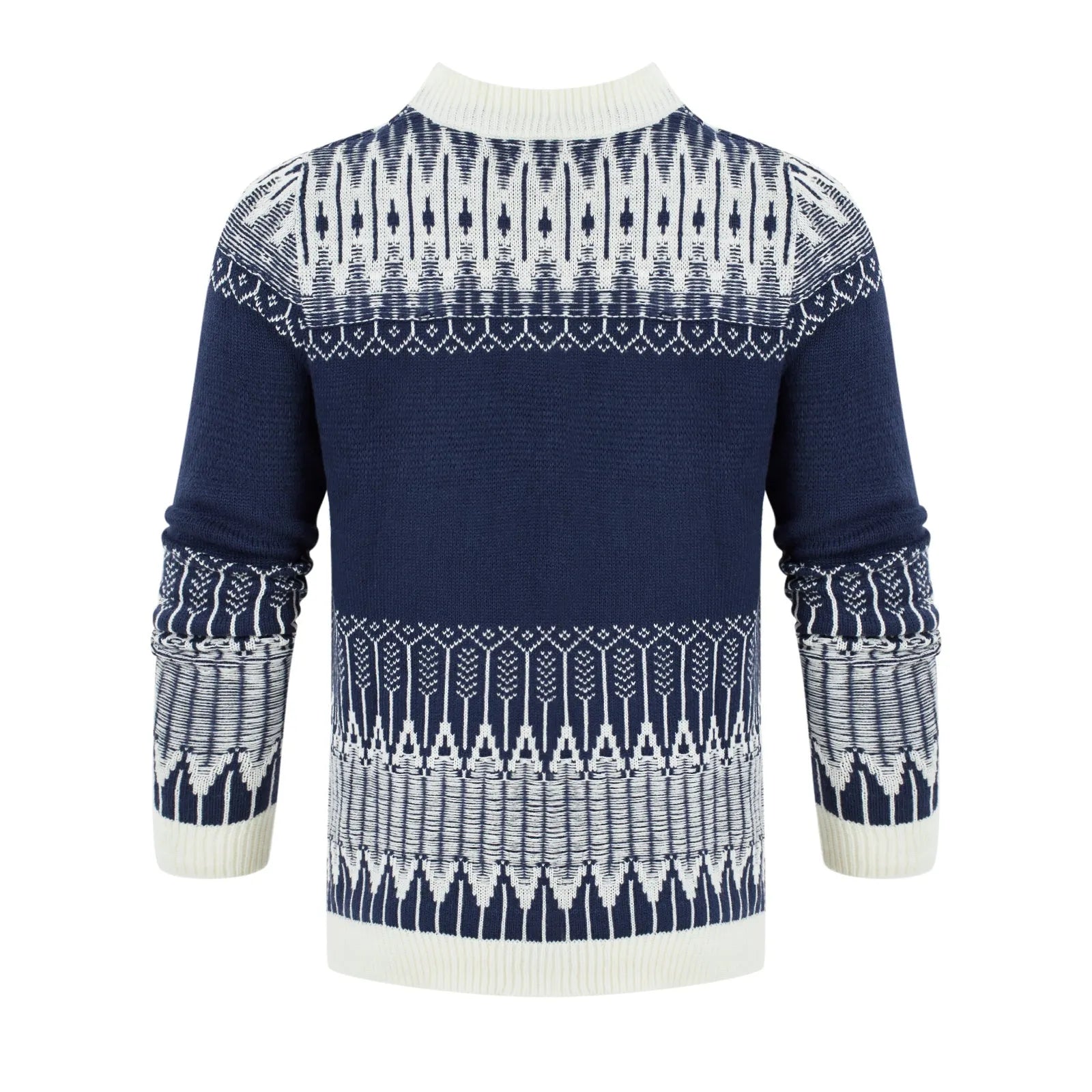 Men's knitted long-sleeved pullover sweater on a hanger, available in multiple sizes and styles.