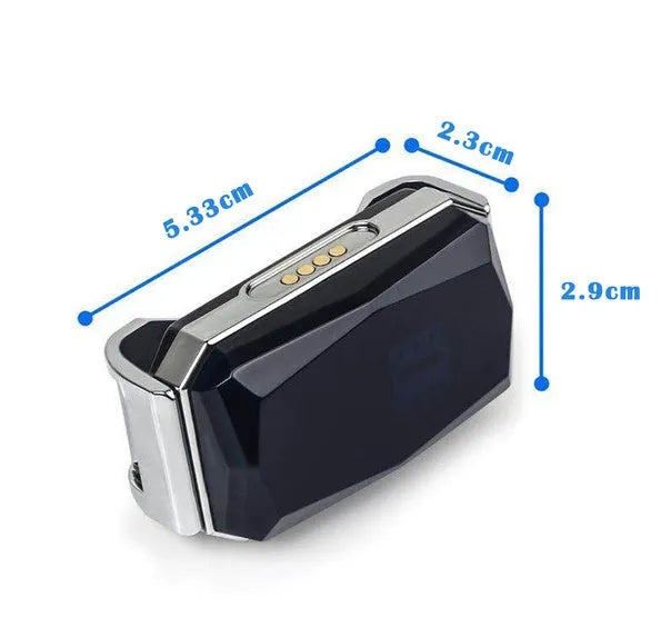 Blue 2G GPS pet tracker on a table with charging cable and hanging rope