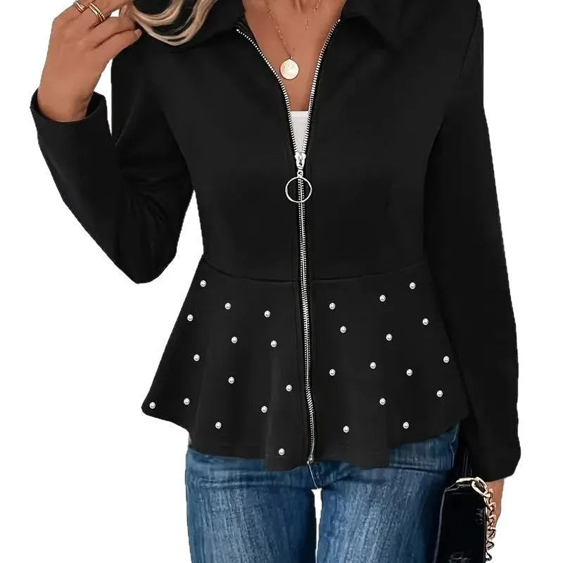 Women's black loose fit coat with beaded front zipper and ruffle hem detail, long sleeves