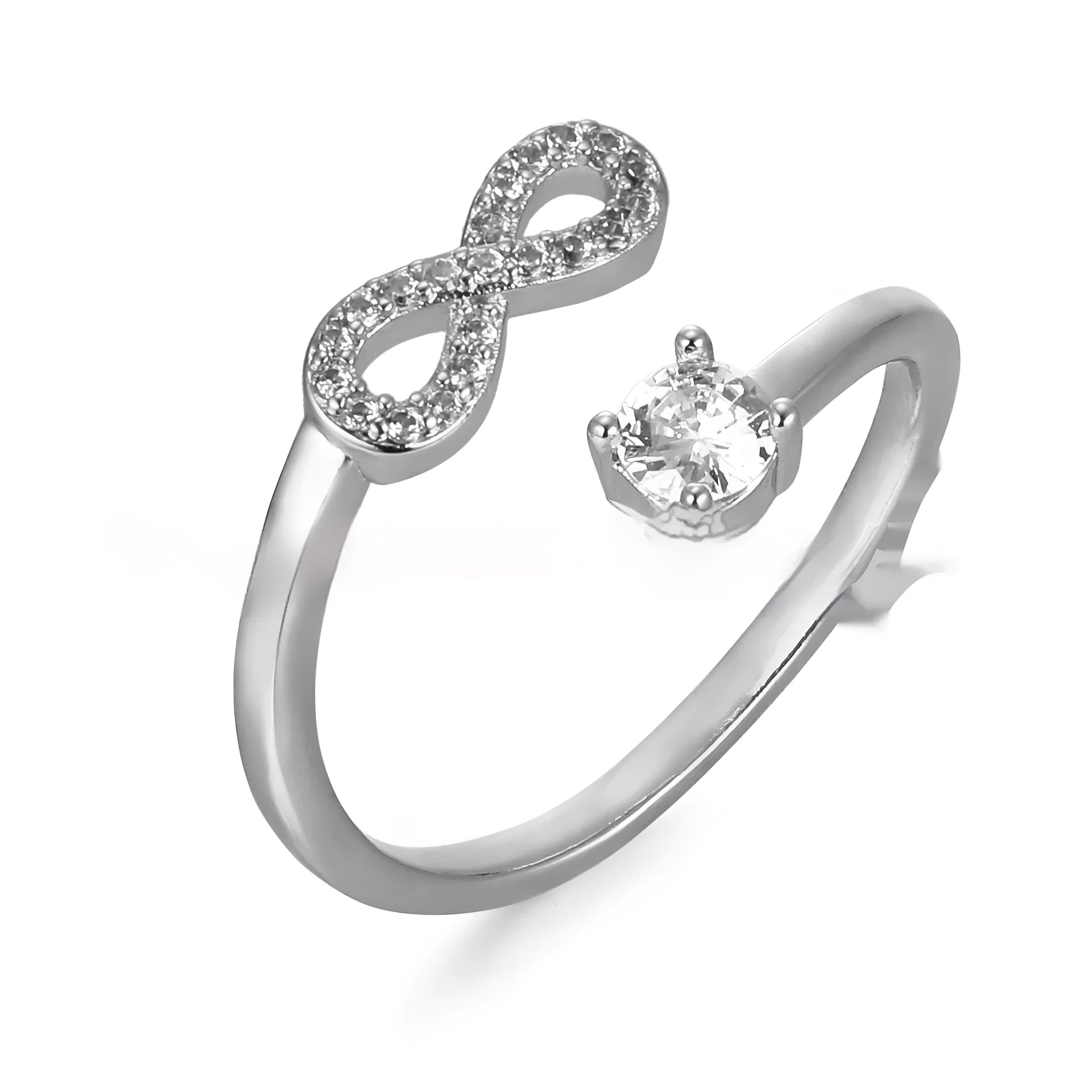 Open geometric ring with a letter charm inlaid with zircon stones, shown in silver finish.