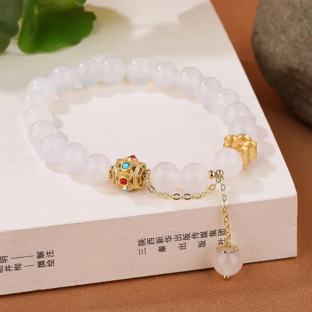 Handcrafted agate bracelet with 8mm natural stone beads and peach blossom copper components