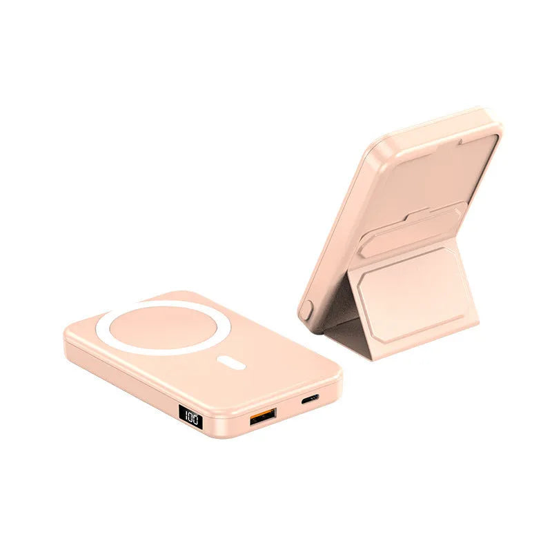Magnetic wireless charging power bank with folding bracket showing capacity options and colour variations