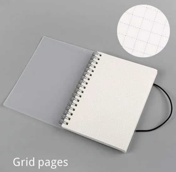 Plastic cover spiral coil notebook with transparent PVC cover and elastic rope, A5 size, cream paper pages visible