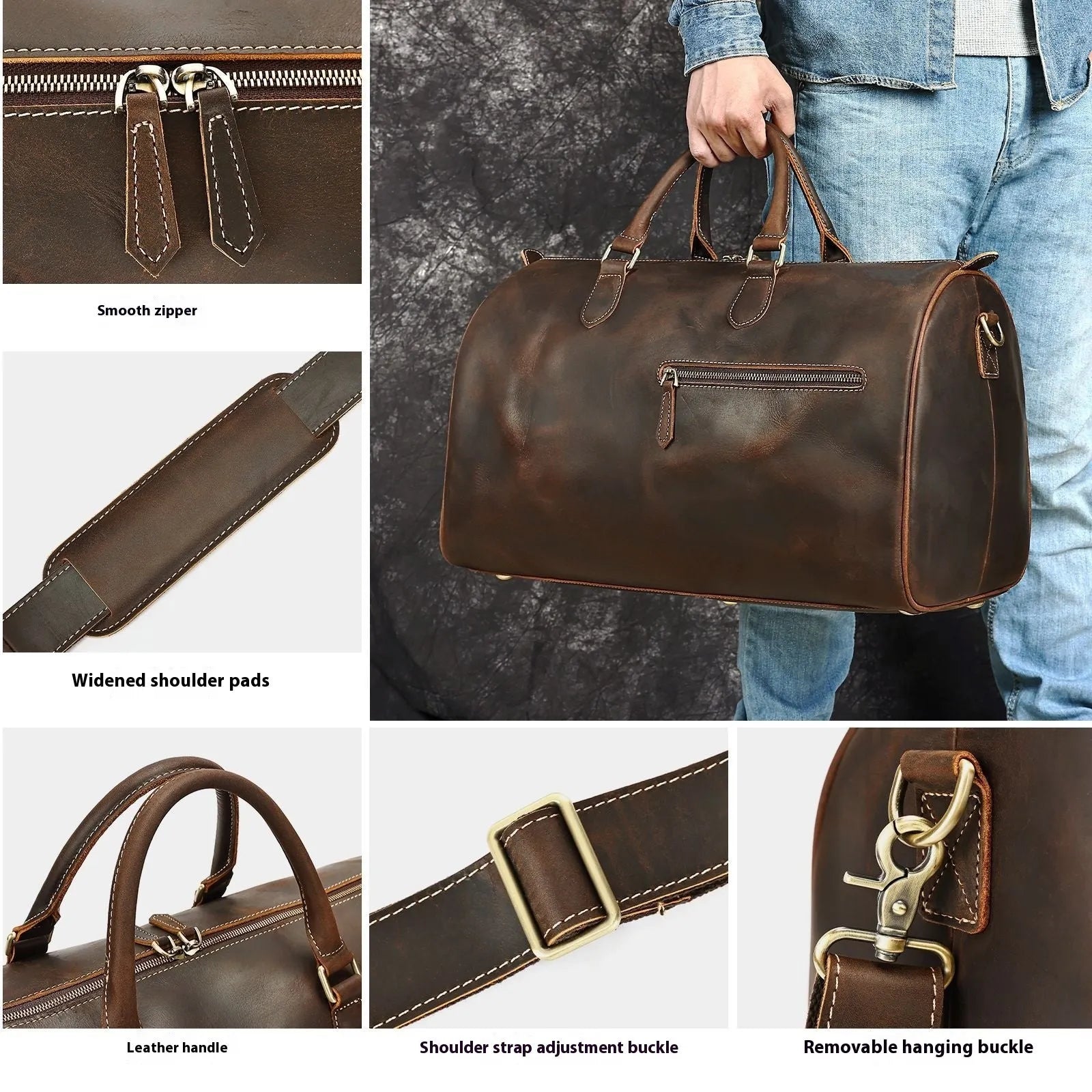 Vintage brown genuine leather large crossbody bag with strap shown open.